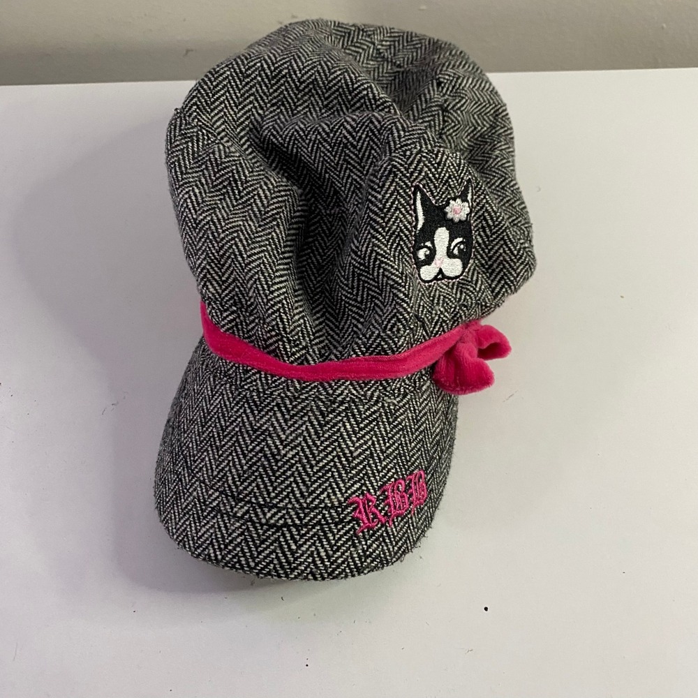 Rebecca Bonbon Newsboy Cap Women Juniors One Size Grey Herringbone Pink Trim Dog